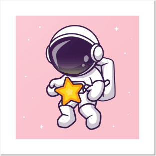 Cute Astronaut Catching Star In Space Cartoon Posters and Art